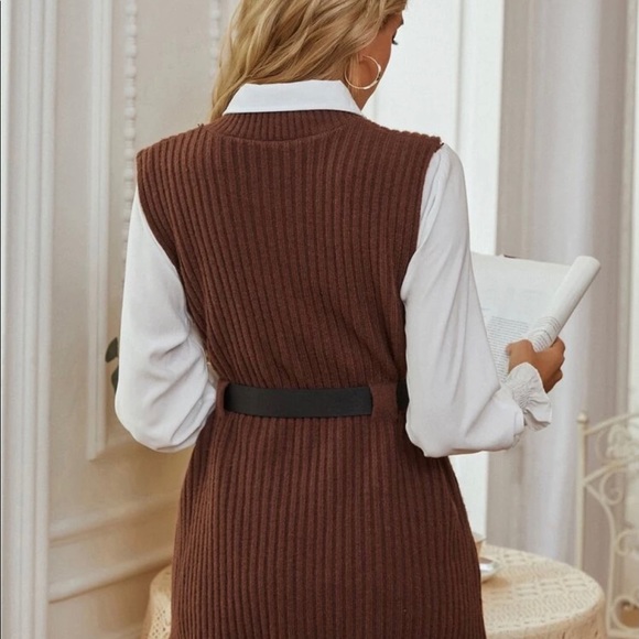 BRAND NEW brown knit split vest/sweater with gold accent belt and white shirt - Picture 2 of 2